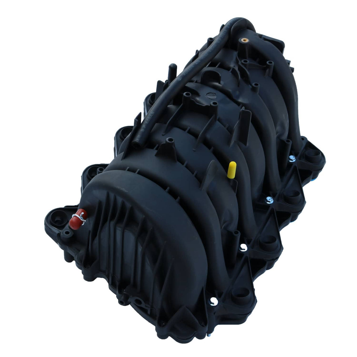 Intake manifold angled side view with black plastic cover and small yellow indicator