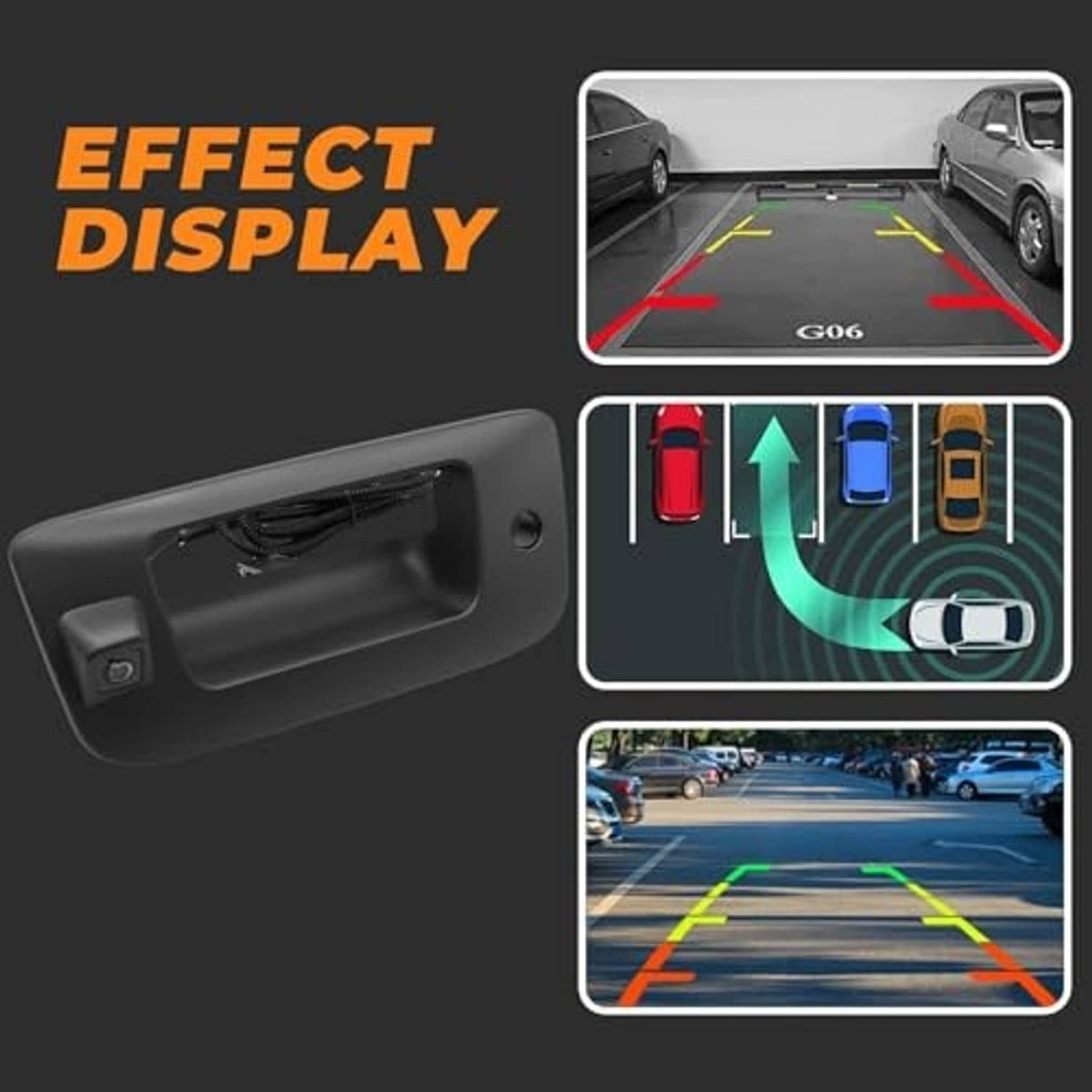 Tailgate handle backup camera showing wide view parking guide lines and wiring