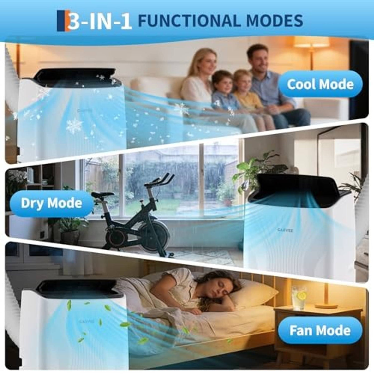 White portable air conditioner with airflow mode graphics and top outlet.