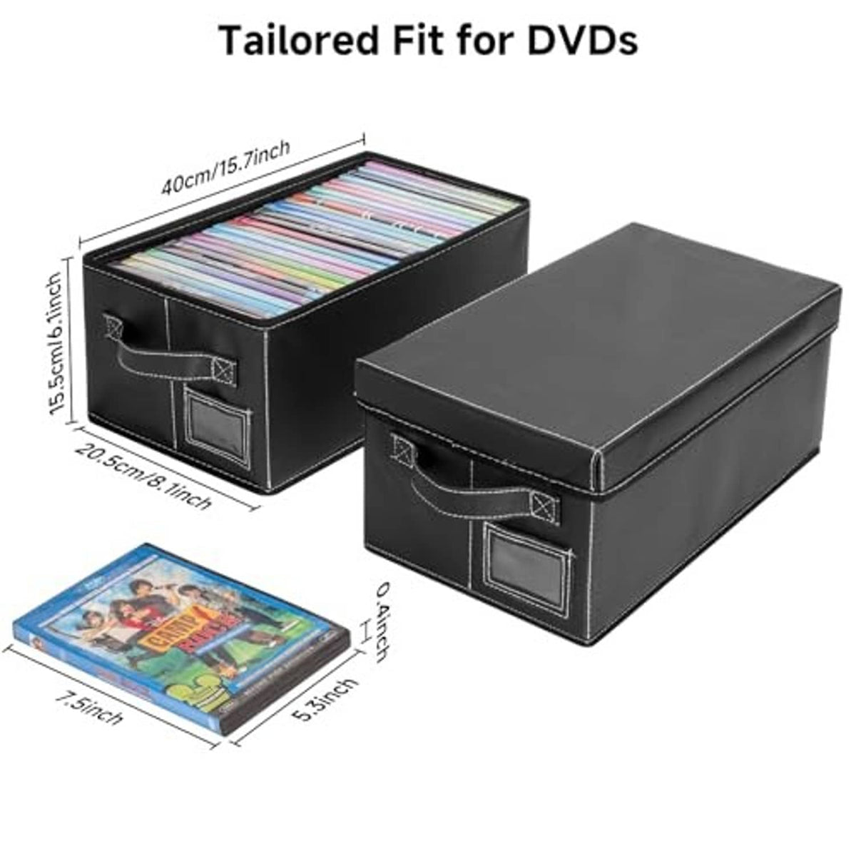 Black faux leather DVD storage box with lid, sized for holding DVDs
