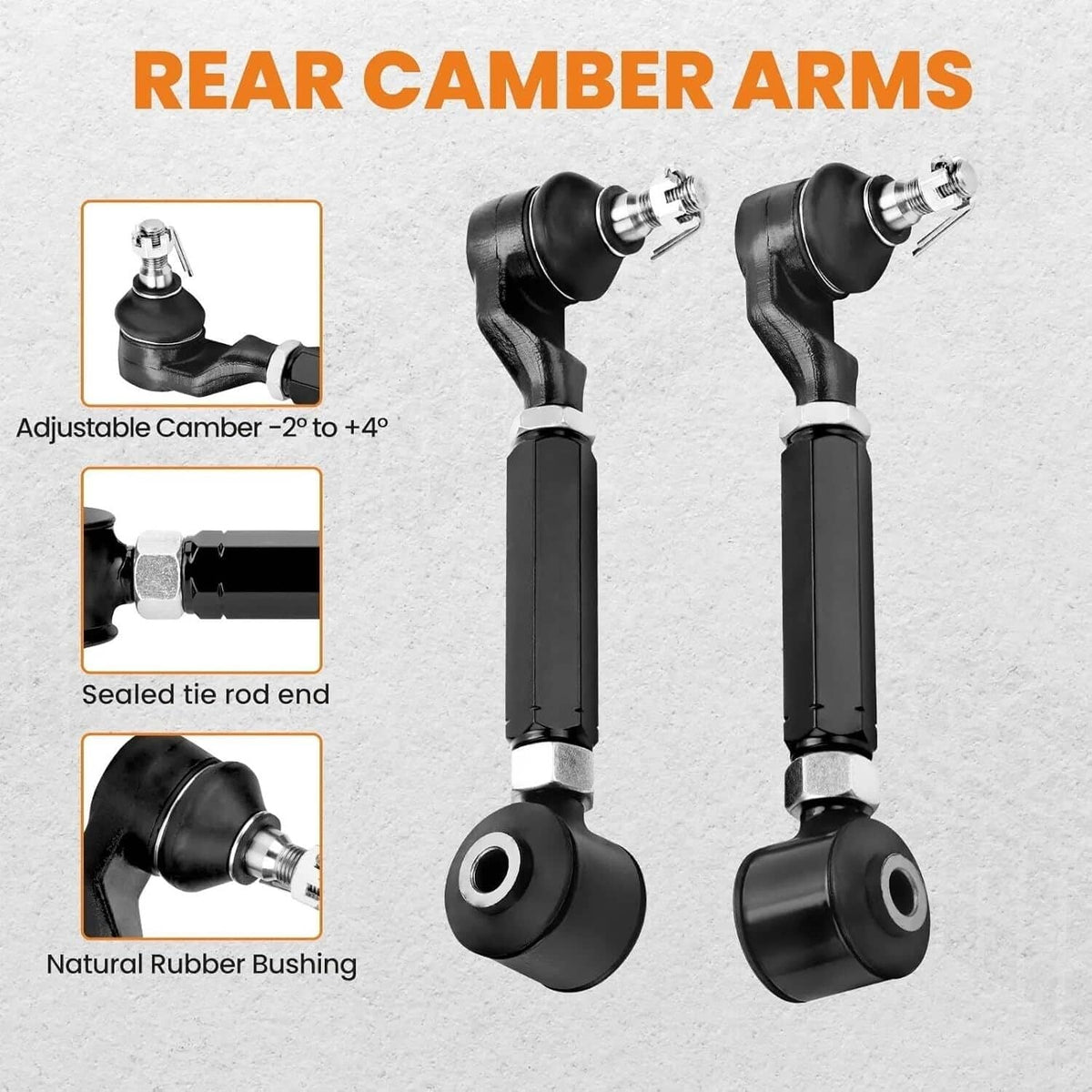 Adjustable rear camber control arm pair with rubber bushings and ball joint ends