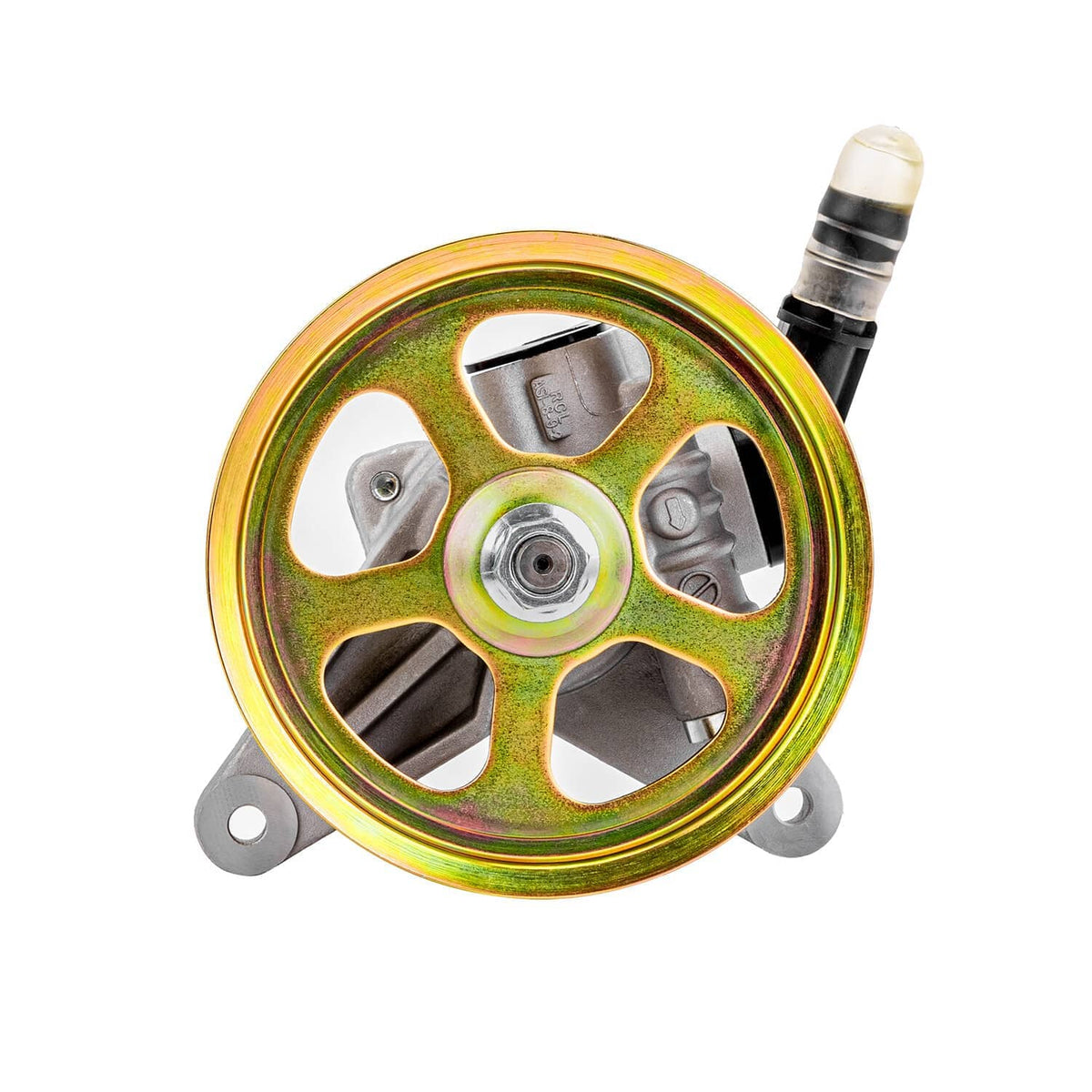 Power steering pump pulley assembly with multi-spoke wheel and outlet hose