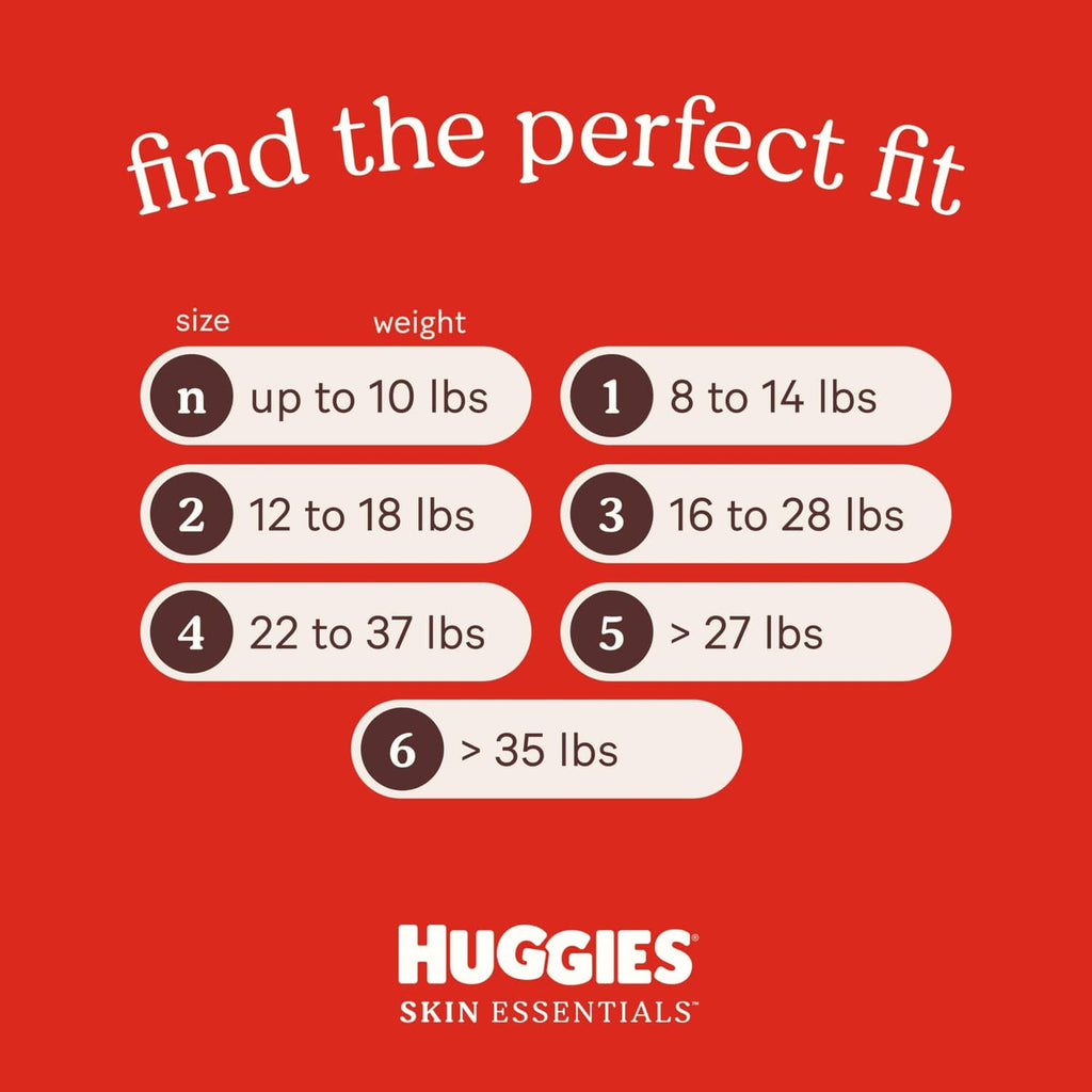 Huggies Skin Essentials size chart with weight ranges and size 3