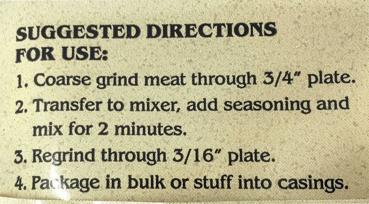 A.C. Legg's Hot Italian Sausage Seasoning back panel with suggested use directions