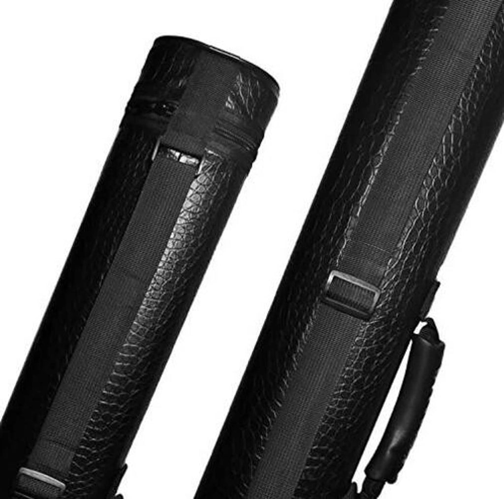 Black hard pool cue case showing strap and textured outer shell