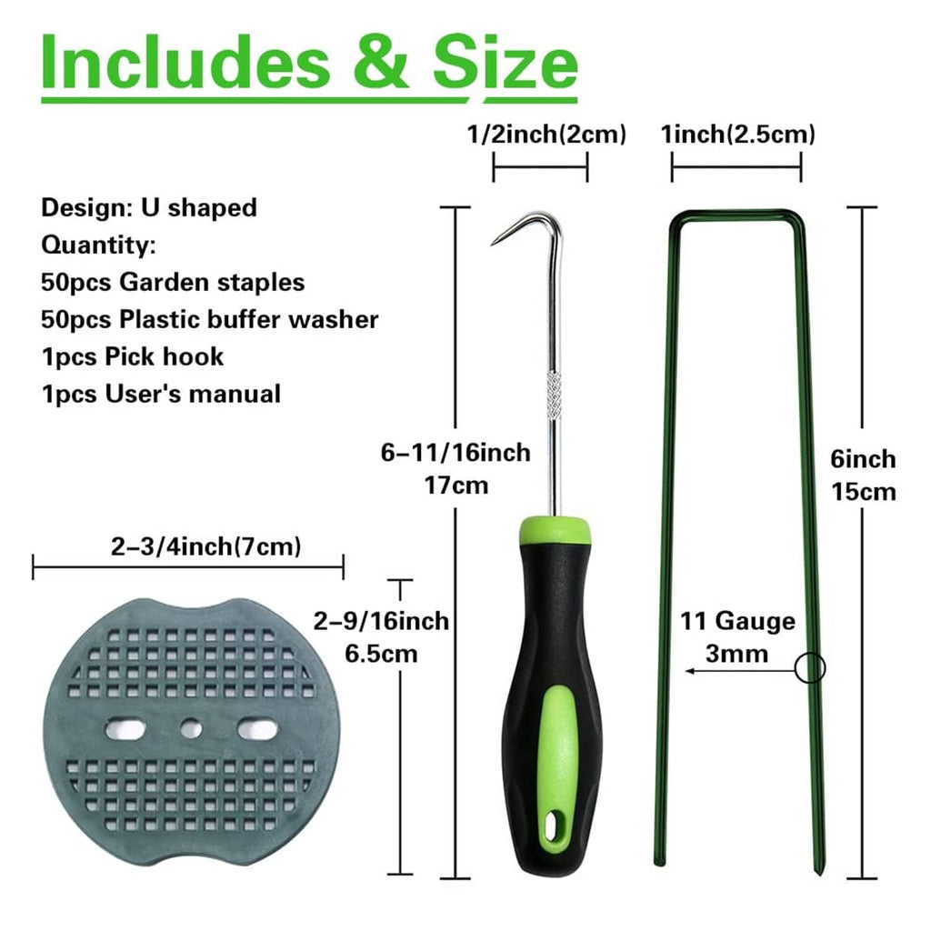Green U-shaped garden staple stakes with black-and-green driver tool and buffer washers