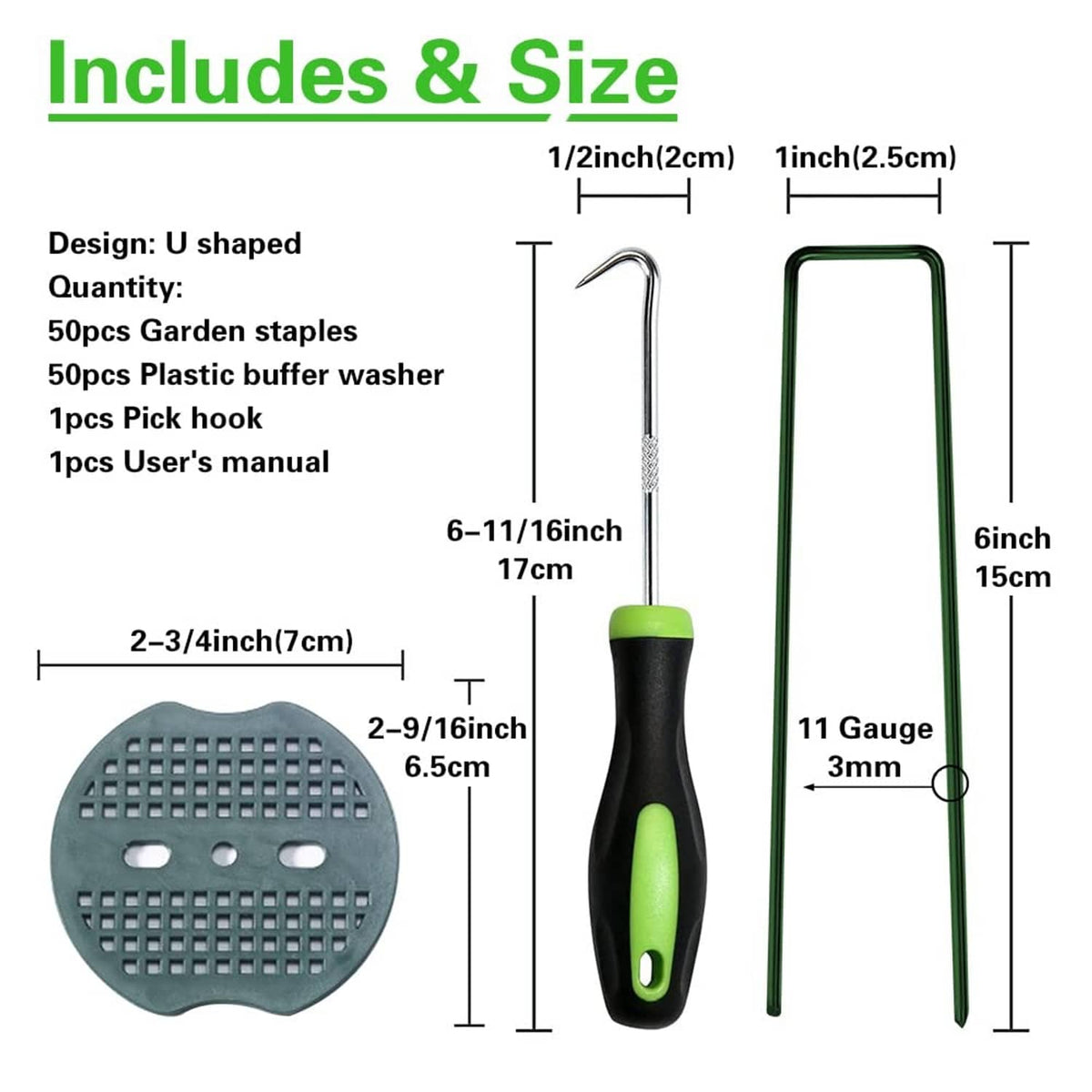 Green U-shaped garden staple stakes with black-and-green driver tool and buffer washers