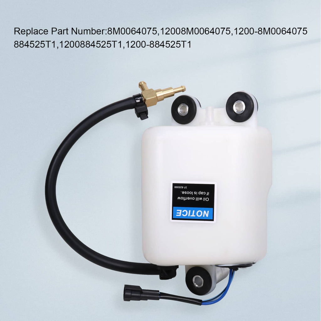 Outboard oil tank assembly with white reservoir, brass fuel fitting, and black electrical connector