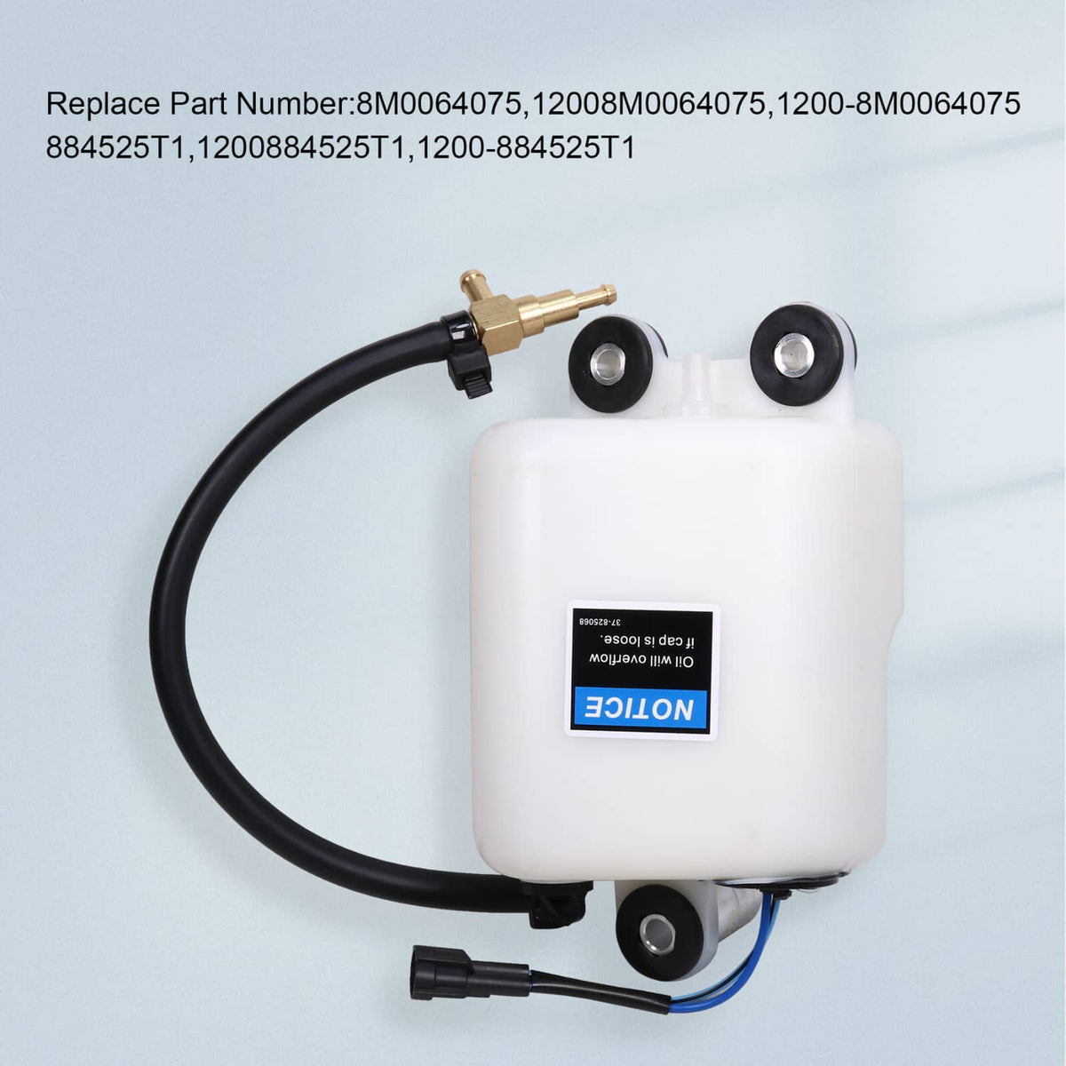 Outboard oil tank assembly with white reservoir, brass fuel fitting, and black electrical connector