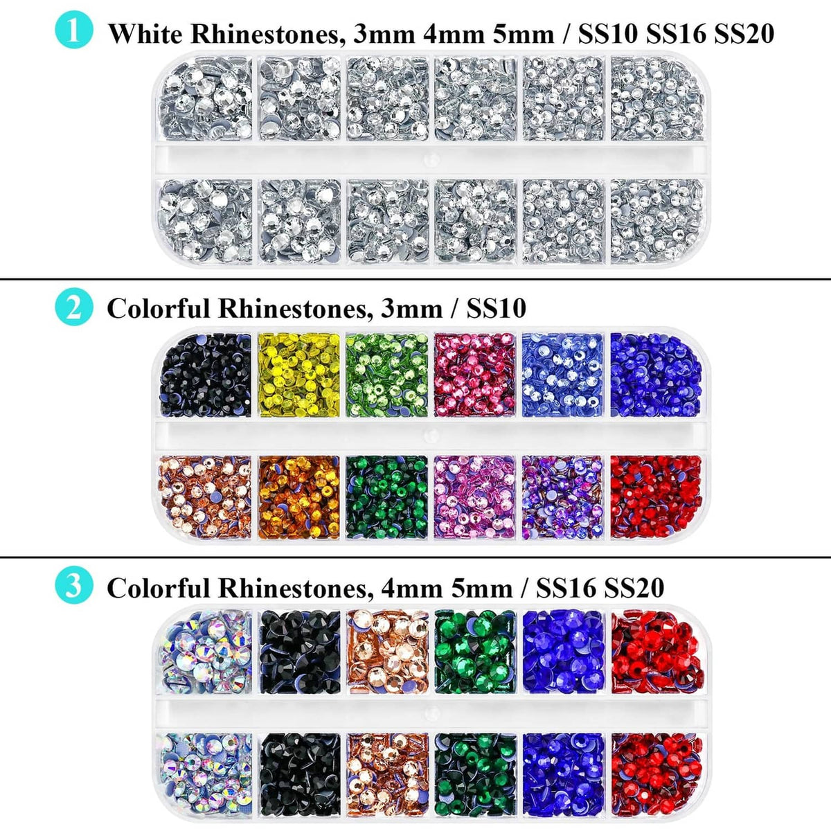 Hotfix rhinestones organizer with white stones and colorful assortments in divided rows