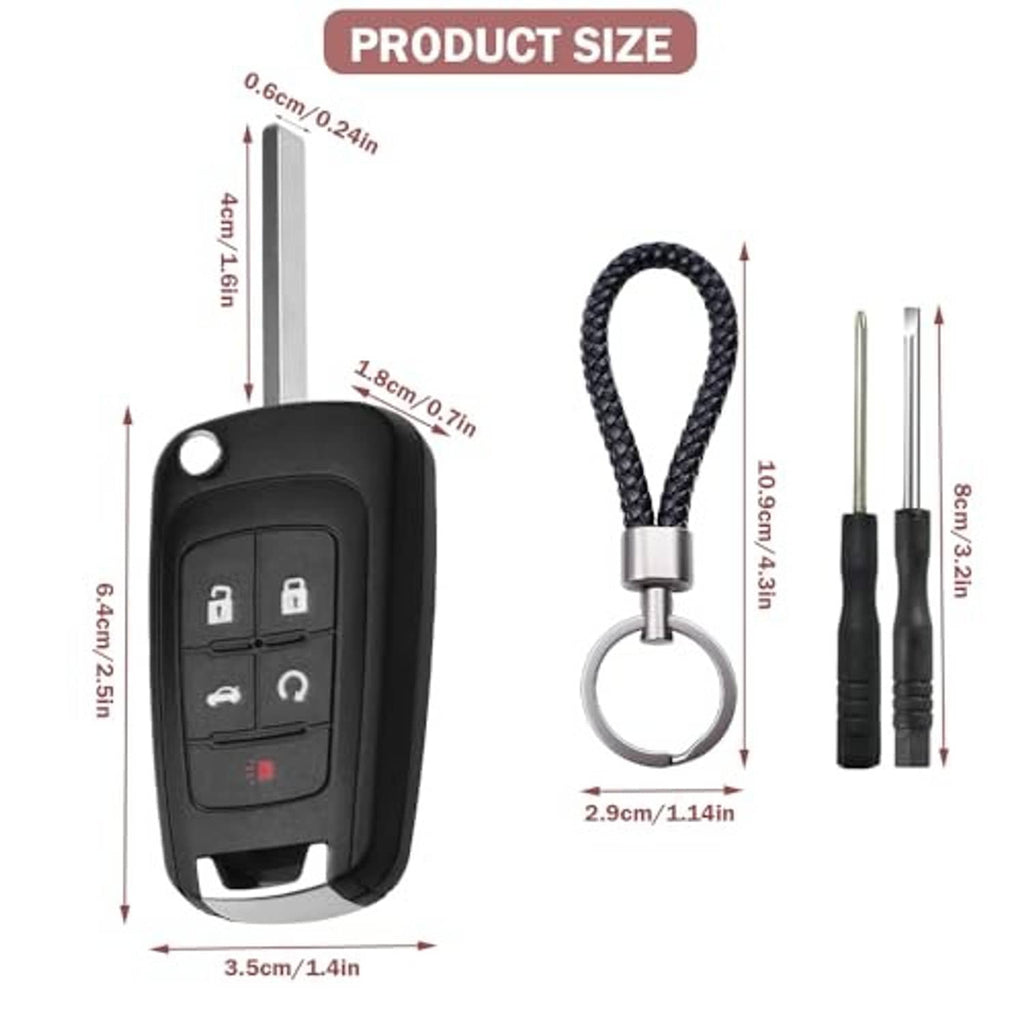 Black 5-button key fob replacement shell with keyring lanyard and metal blade, size details