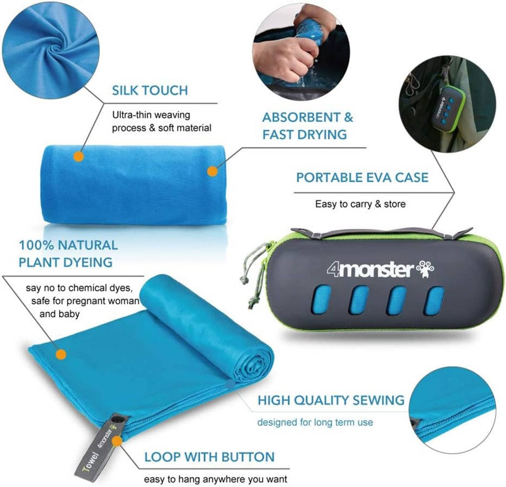 Blue microfiber towel with rounded compact case and snap loop detail