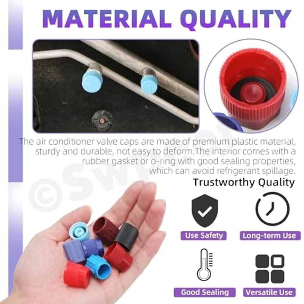 Durable plastic A/C valve core caps with red, blue, and black caps shown in close-up