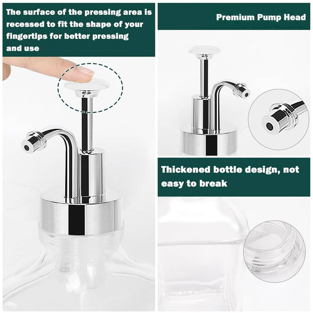 Chrome pump head and dispenser spout with valve detail above a clear bottle
