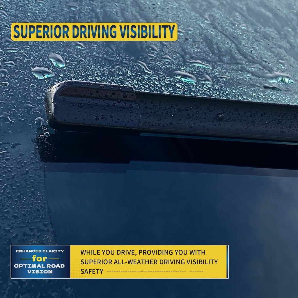 Black wiper blade on rain-covered windshield for improved visibility