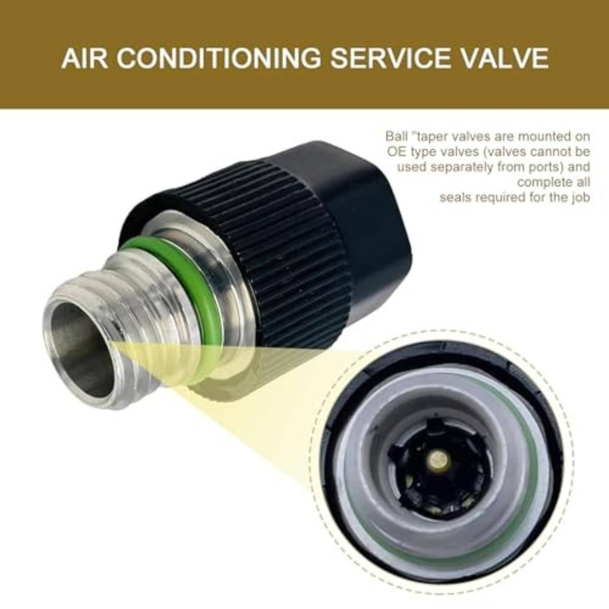 Air conditioning service valve fitting with green O-ring and black ribbed outer cap