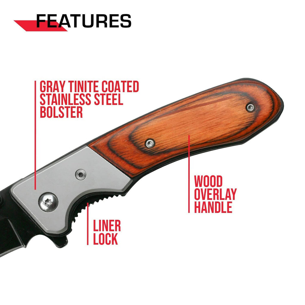 Tac-Force folding knife close-up, wood overhandle, gray stainless liner lock