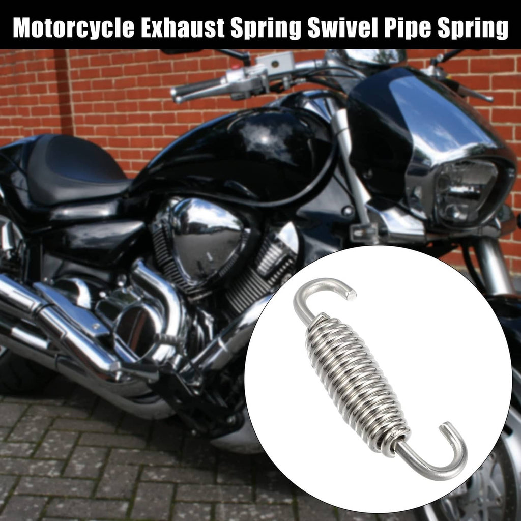 Motorcycle exhaust spring with coiled metal body and U-shaped hook, silver tone
