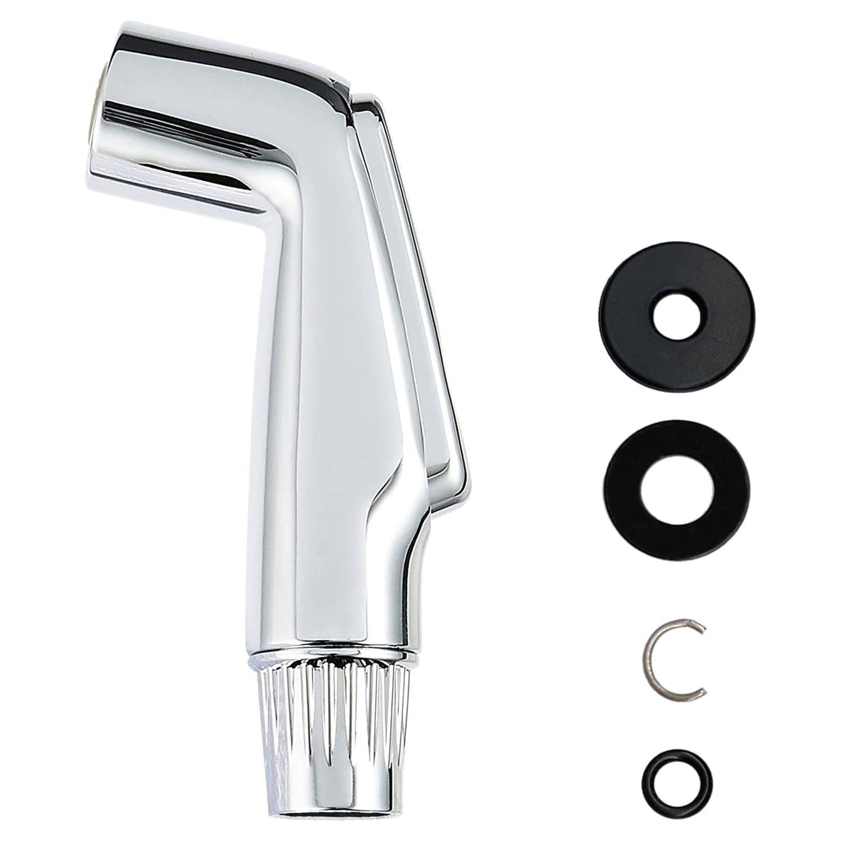 Chrome spray head attachment shown with included washers and O-rings parts kit.