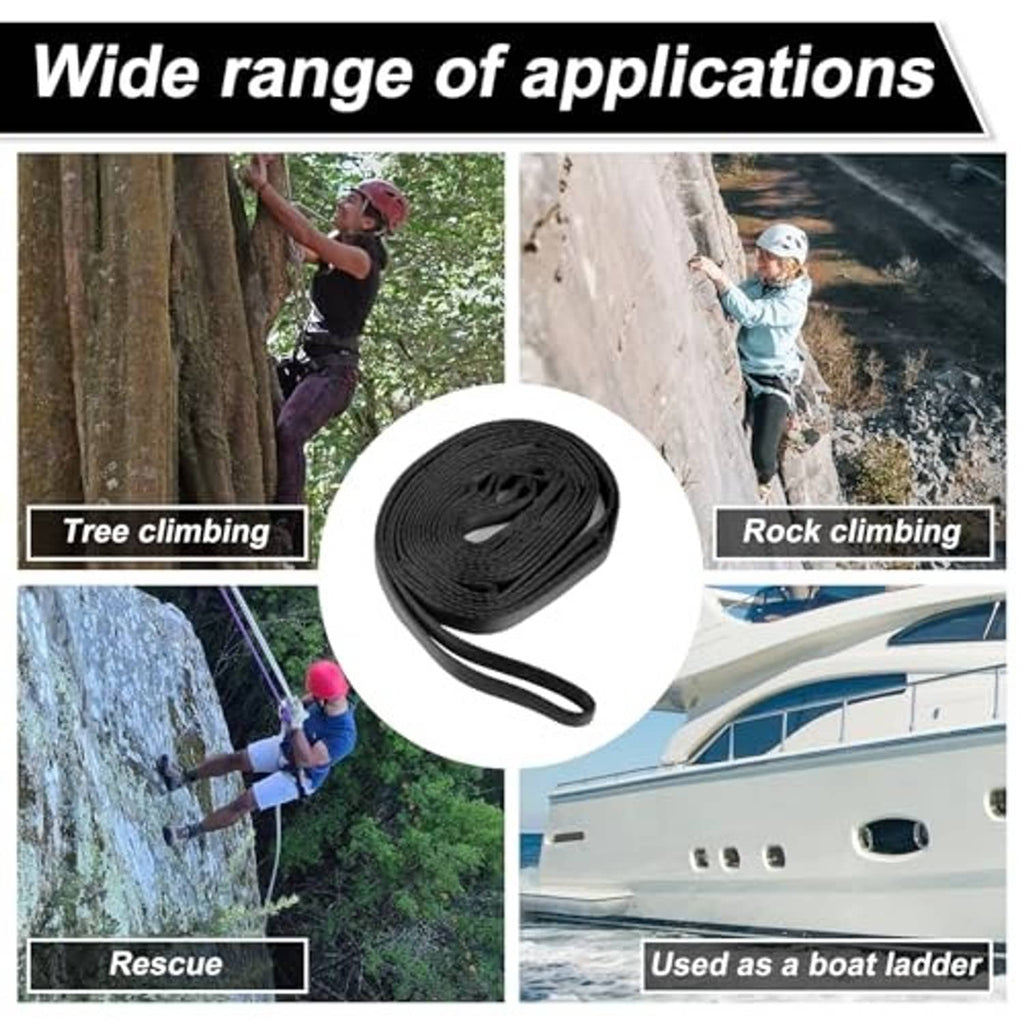 Black climbing aider strap coil for portable tree, rock, and rescue use