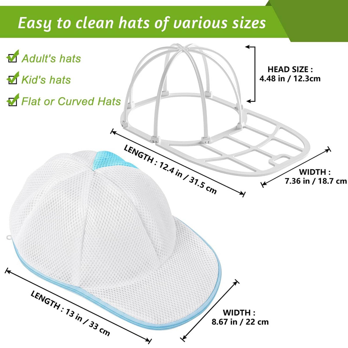White mesh and blue-rim cap wash bag with structured top for hat cleaning