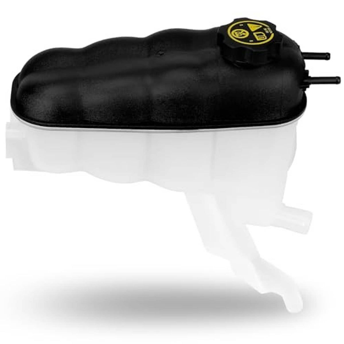 Coolant expansion reservoir tank with black cap, tubes, and white reservoir body