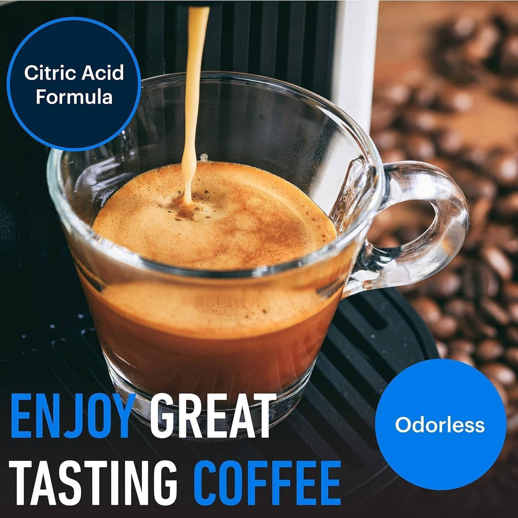 Glass mug of coffee with descaler-style benefits badges on a blue background