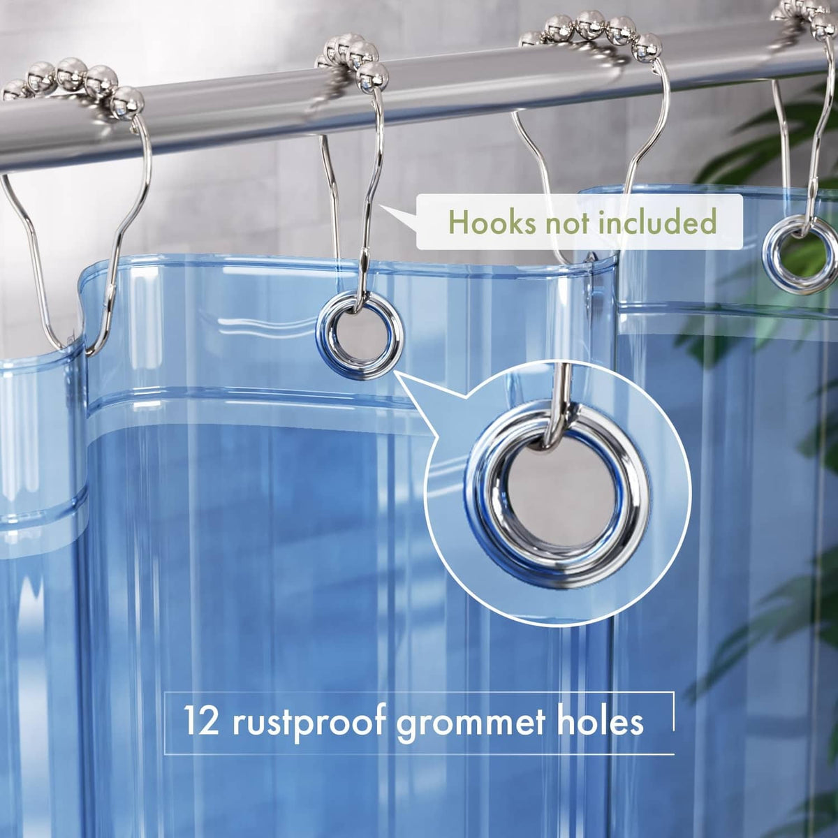Clear blue shower curtain liner with 12 metal grommets for hanging on a rod