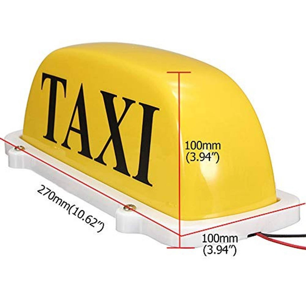 Yellow taxi roof LED sign light with “TAXI” text and size markings (270mm).