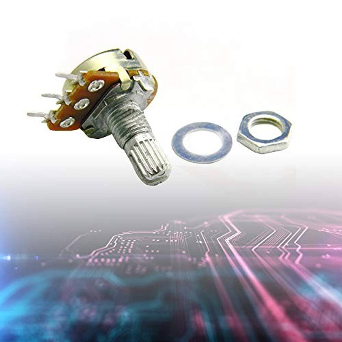 Rotary potentiometer with metal shaft, brown PCB, solder tabs, and included nut and washer
