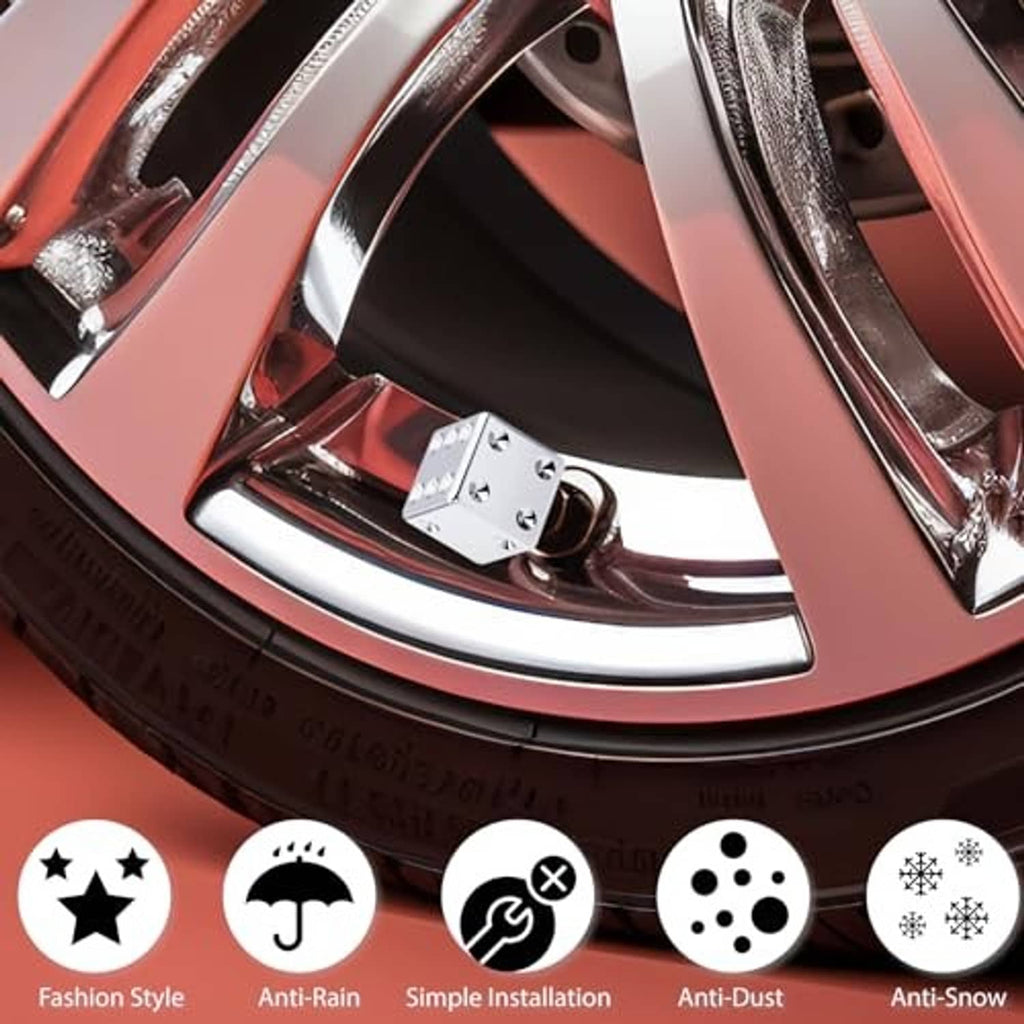 Close-up of chrome dice tire valve stem cap with gold threaded insert