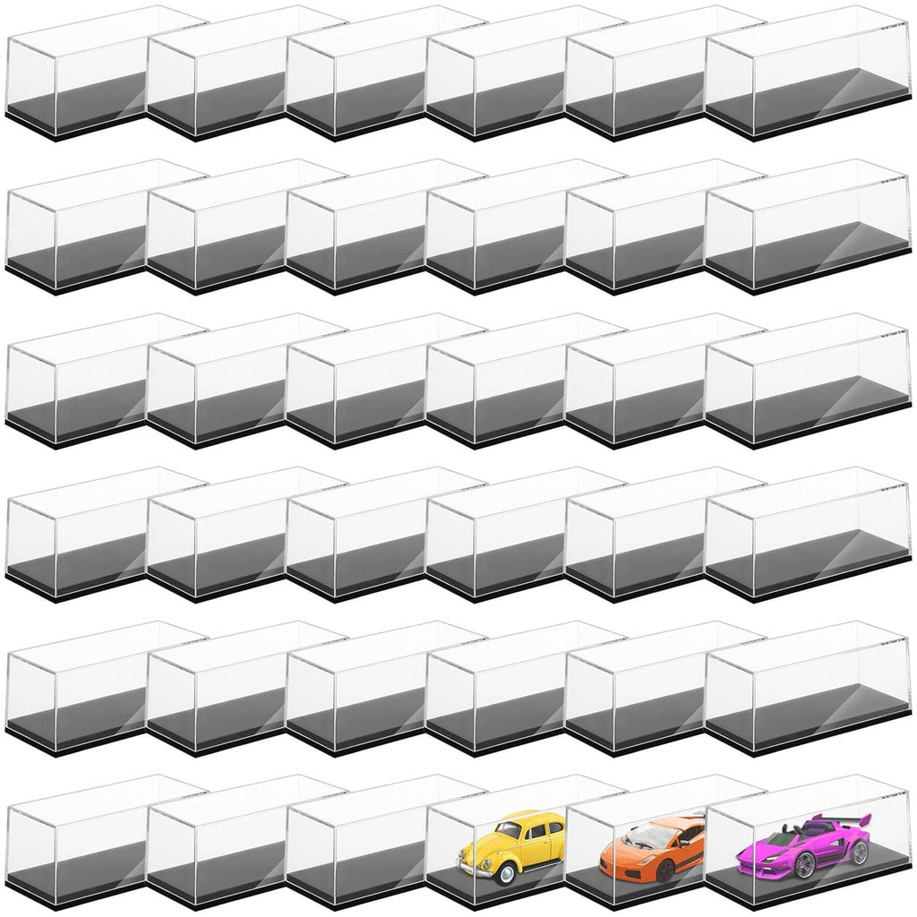 Clear model car display case set with multiple cubed compartments and dark gray bases