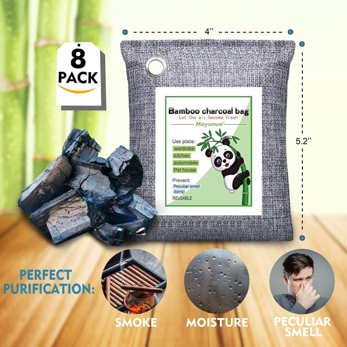 Grey cloth odor absorber bag set with 8-pack marking and printed label.