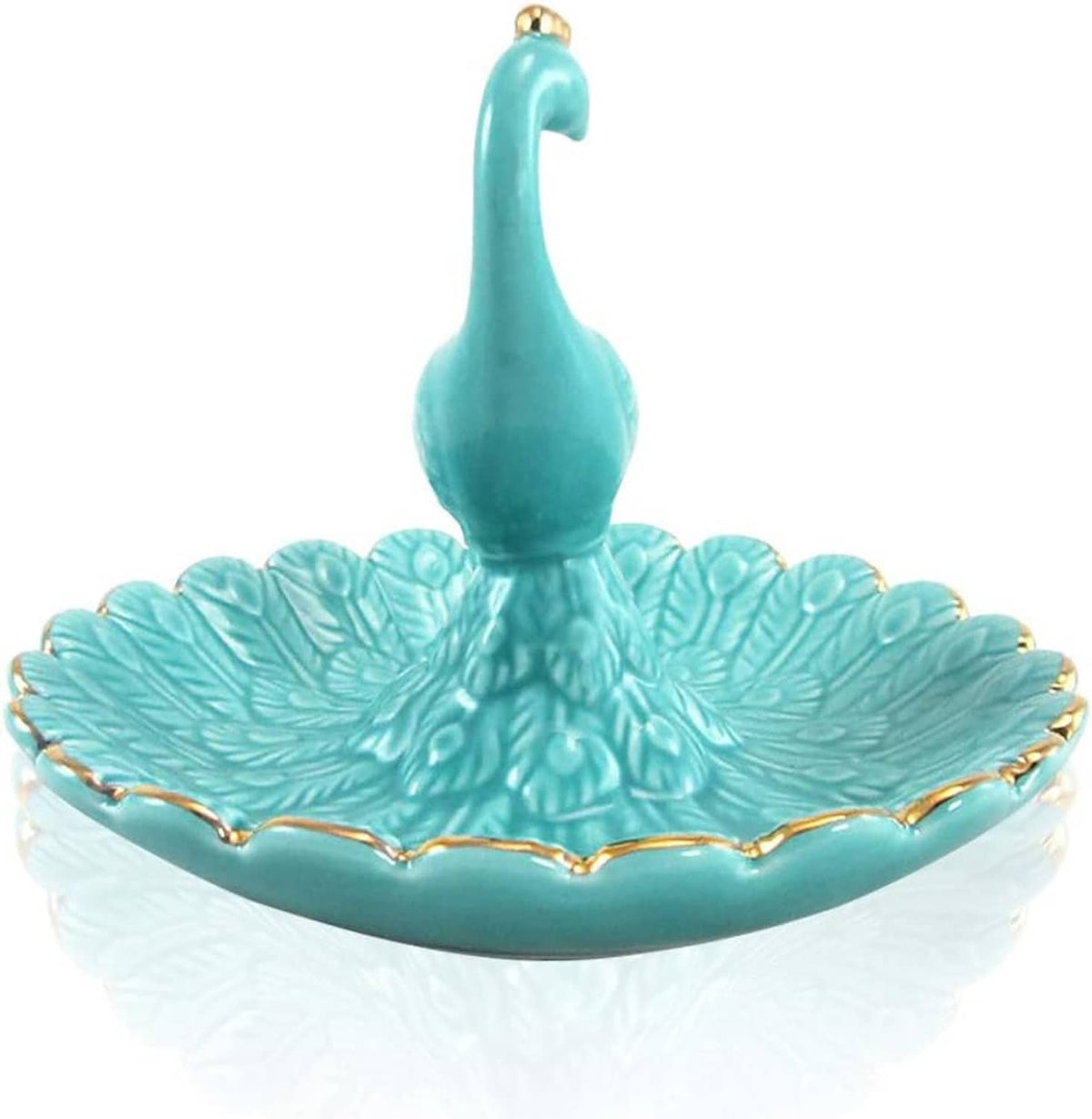 Turquoise ceramic peacock trinket dish with gold rim and scalloped leaf-style tray