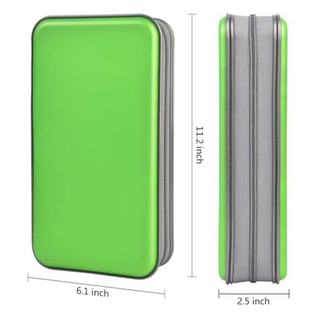 Green CD/DVD case with side zipper; dimensions shown in inches
