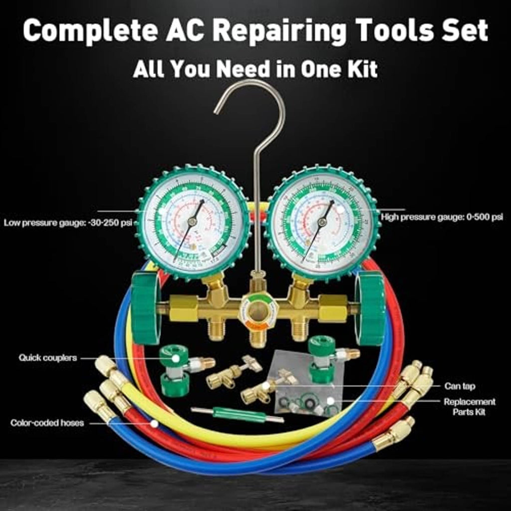 AC manifold gauge set with dual pressure gauges, color hoses, and brass fittings