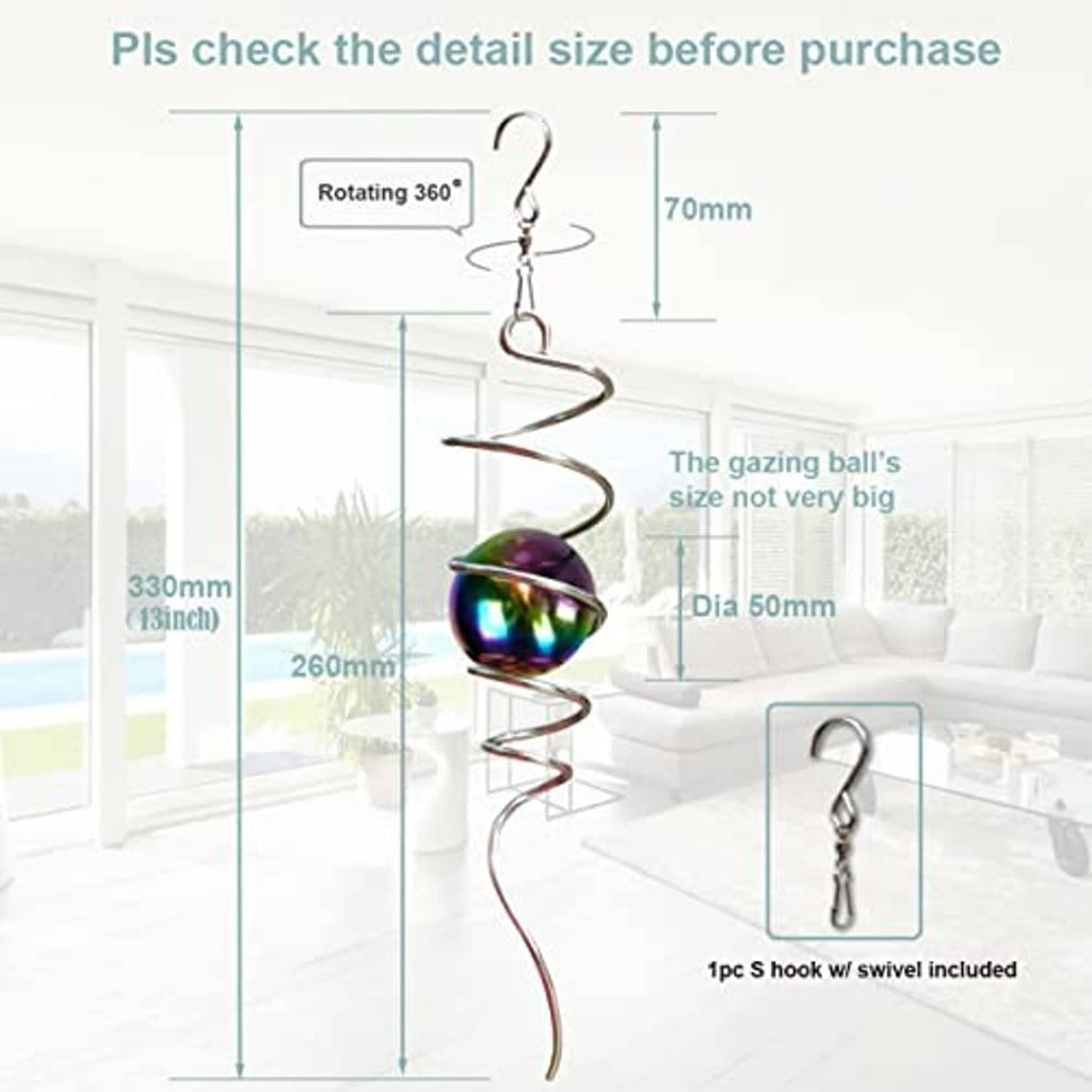 Hanging spiral wind spinner with iridescent gazing ball and swivel hook hardware