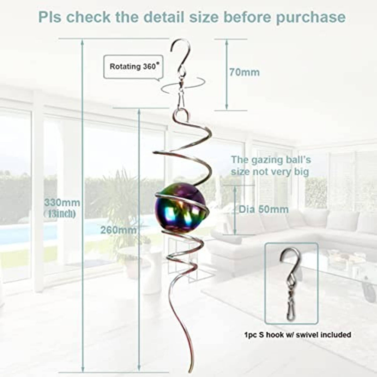 Hanging spiral wind spinner with iridescent gazing ball and swivel hook hardware