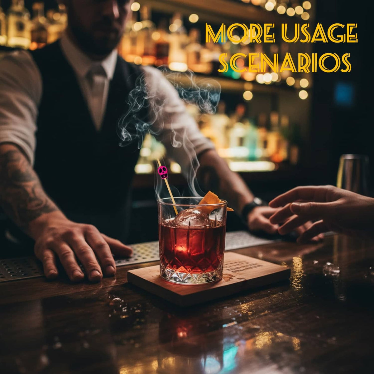 Colorful bamboo skull toothpick garnish in a cocktail glass at a bar counter