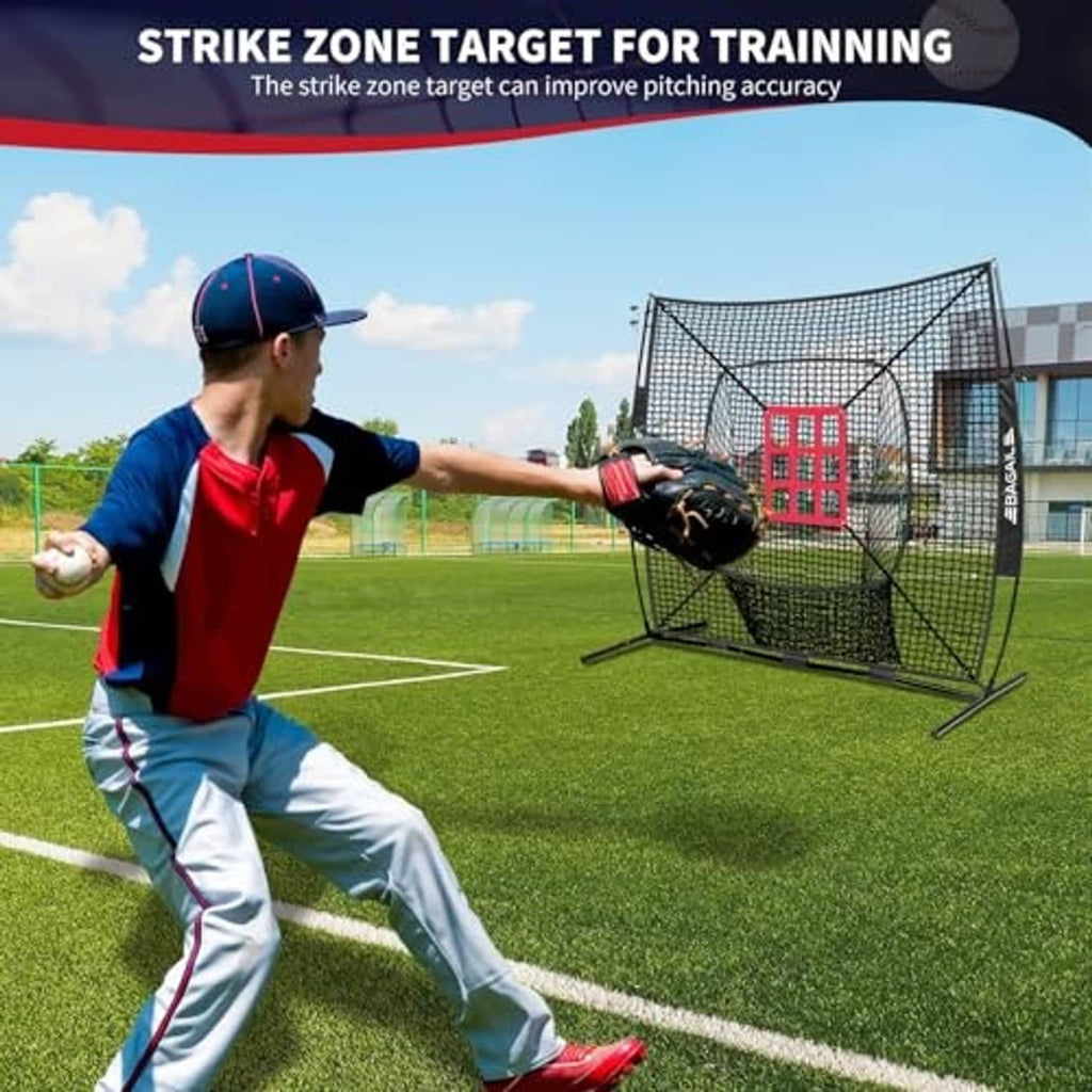 Baseball practice net with red strike zone target and black mesh frame