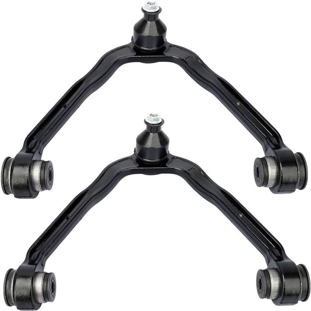 Pair of black upper control arms with bushings and pivot caps