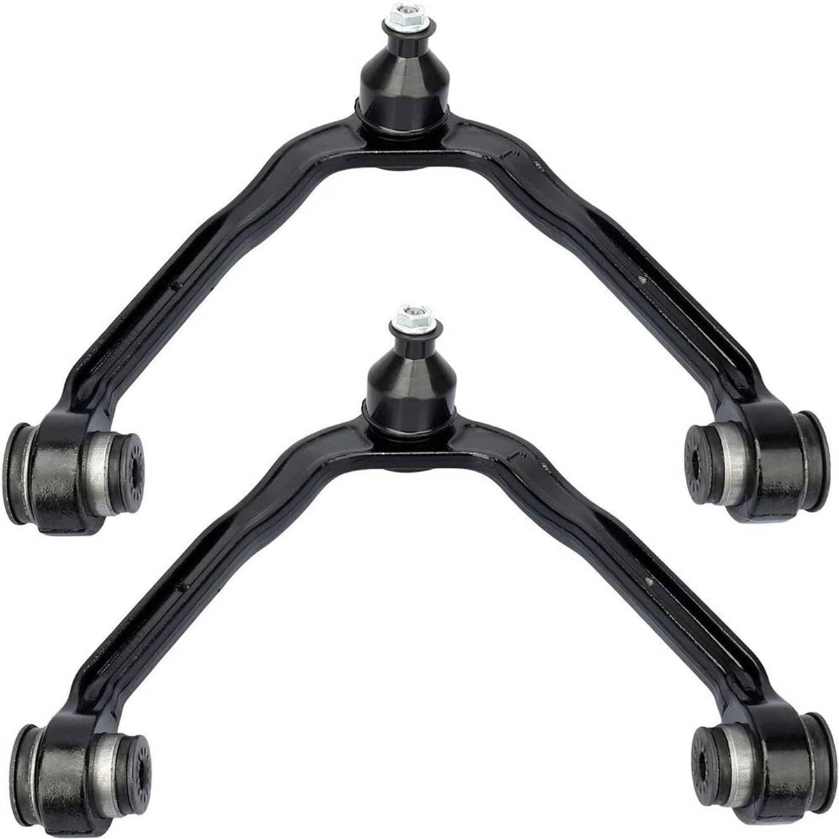 Pair of black upper control arms with bushings and pivot caps