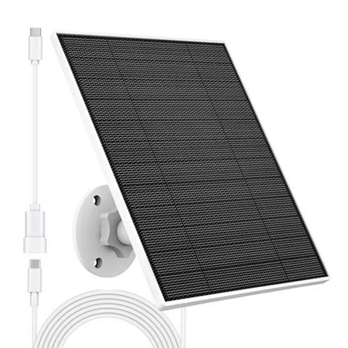 Solar panel charger with dark photovoltaic panel, white cable, and wall socket mount