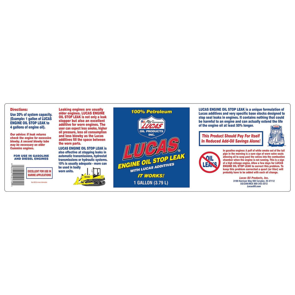 Lucas Oil engine oil stop leak label panels on a white product packaging layout