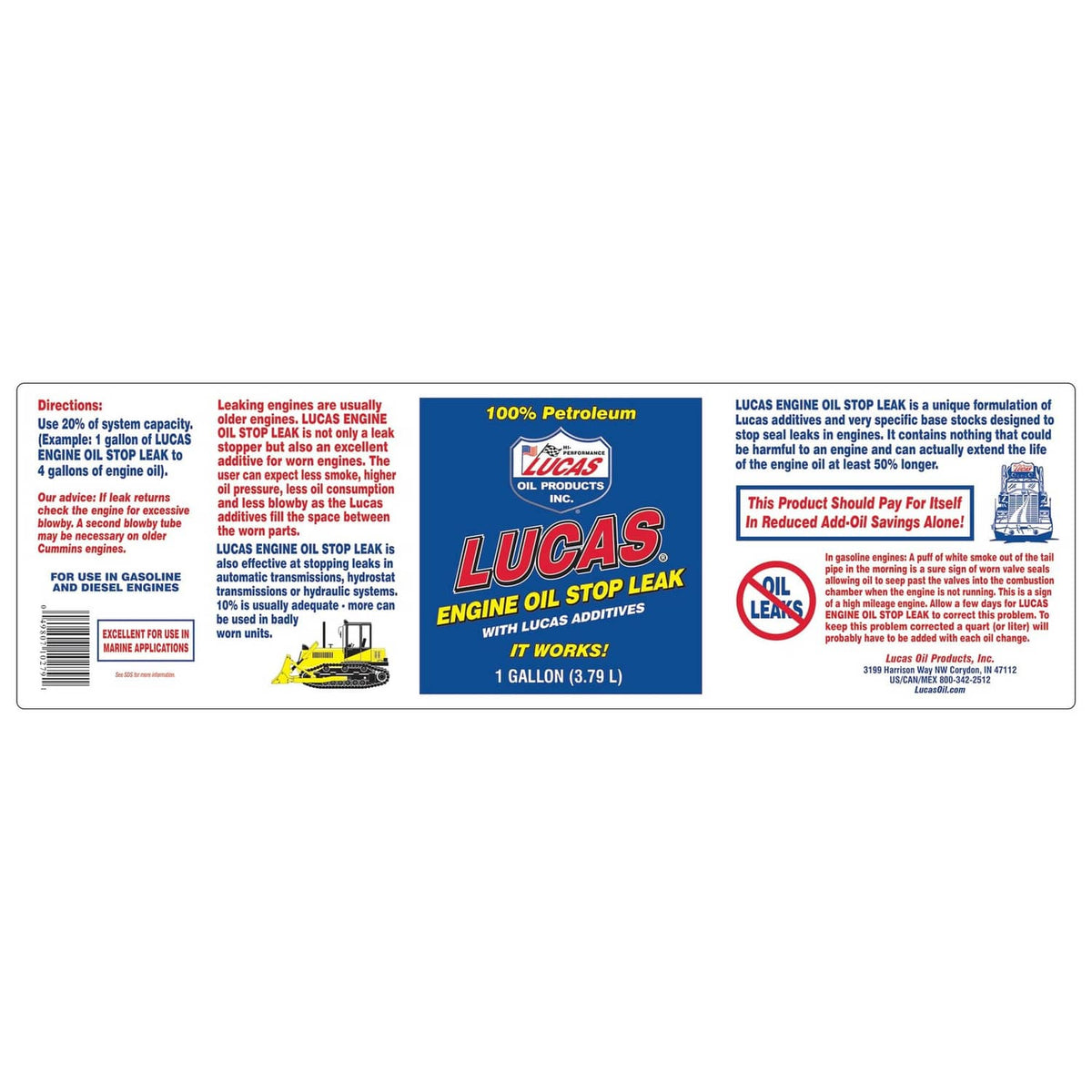 Lucas Oil engine oil stop leak label panels on a white product packaging layout