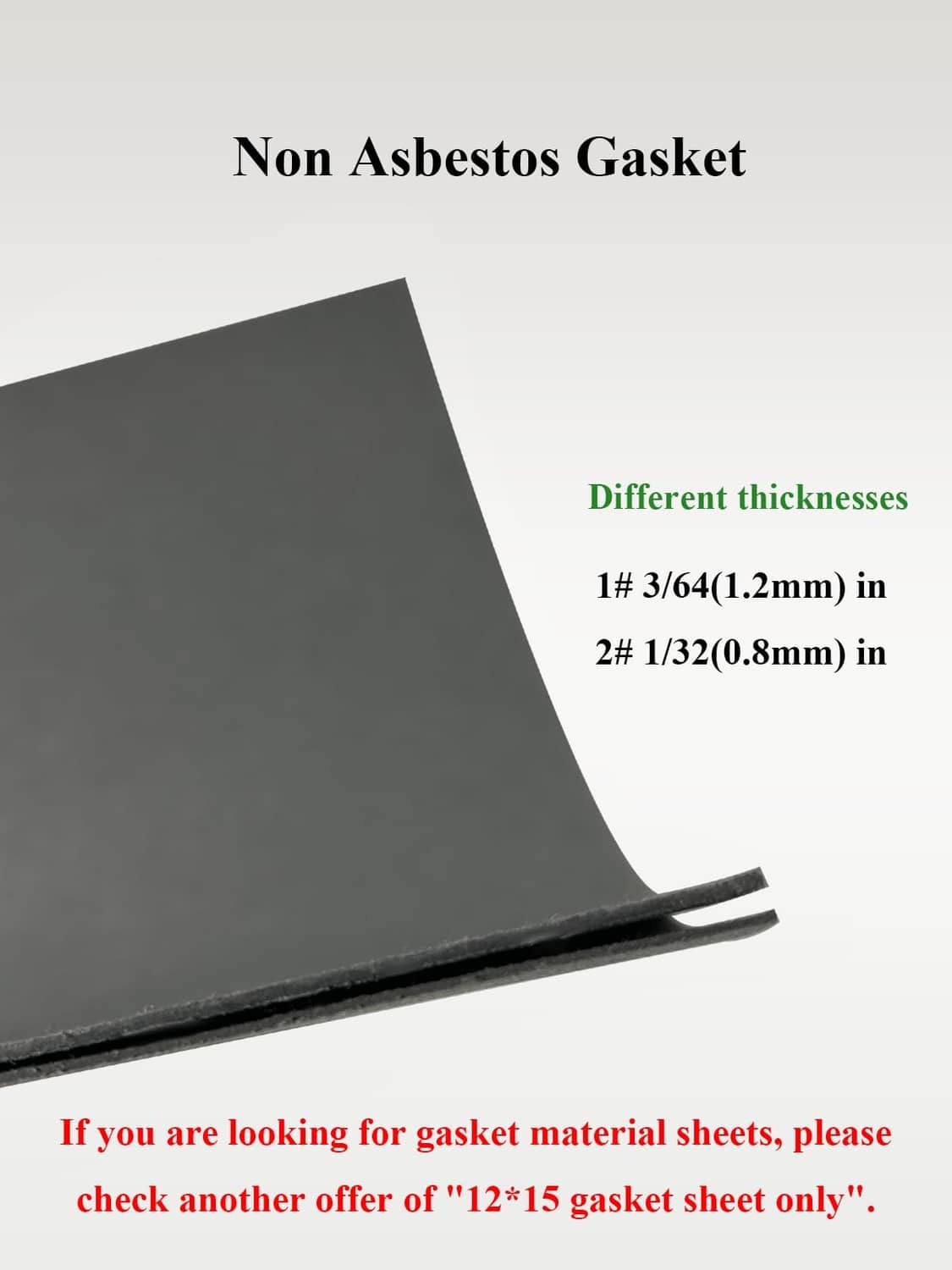 Black non-asbestos gasket material sheet showing thickness notes