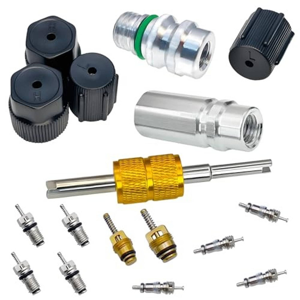 Air conditioning valve core kit with black caps, metal adapters, and multiple valve cores