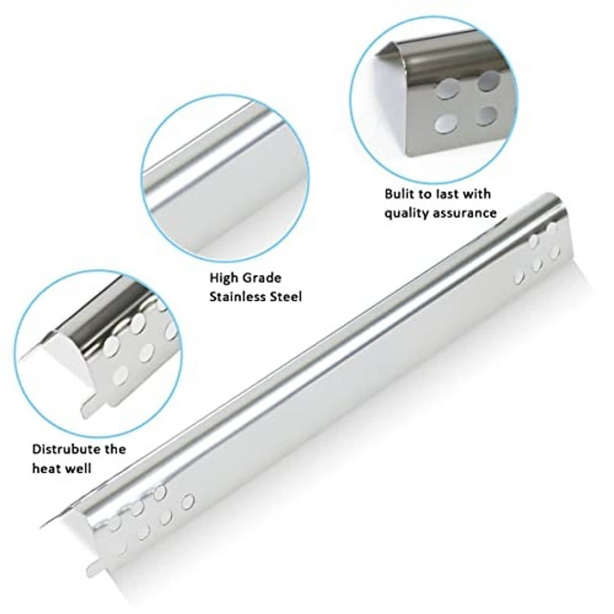 Stainless steel heat distribution bar with rows of holes for even grill heat