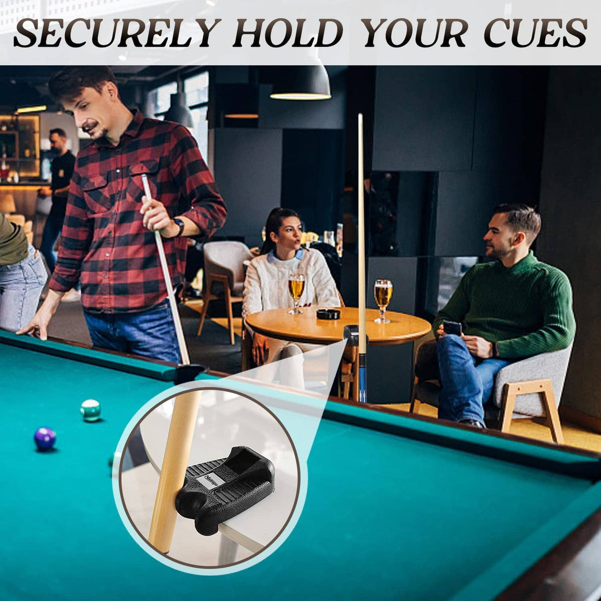 Pool cue holder on cue shaft for secure grip while playing, with close-up inset