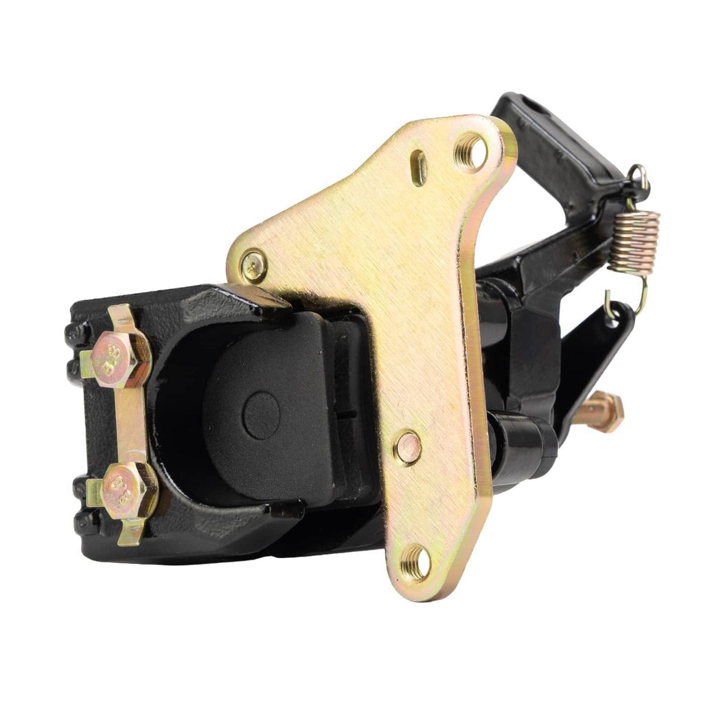 Rear brake caliper with black housing and gold mounting plate, visible pads and bolts